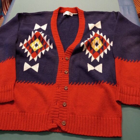 Vintage Oscar de la Renta Sport Blue/Red Southwestern Sweater Cottagecore Chic - Picture 1 of 13